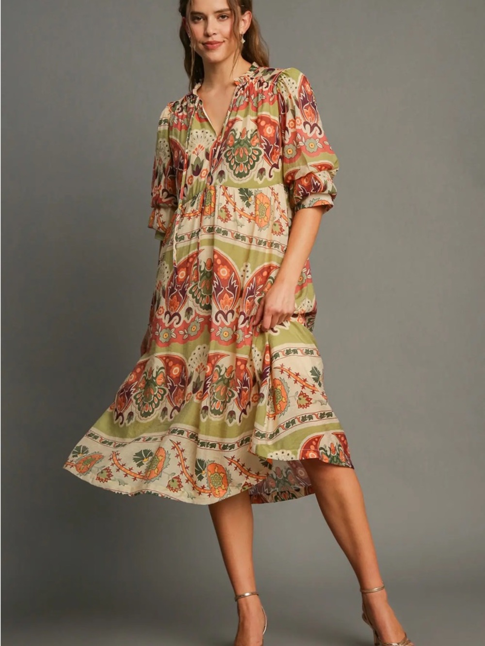 Umgee Bohemian Floral Midi Dress in Multi Green Size Medium NWTS